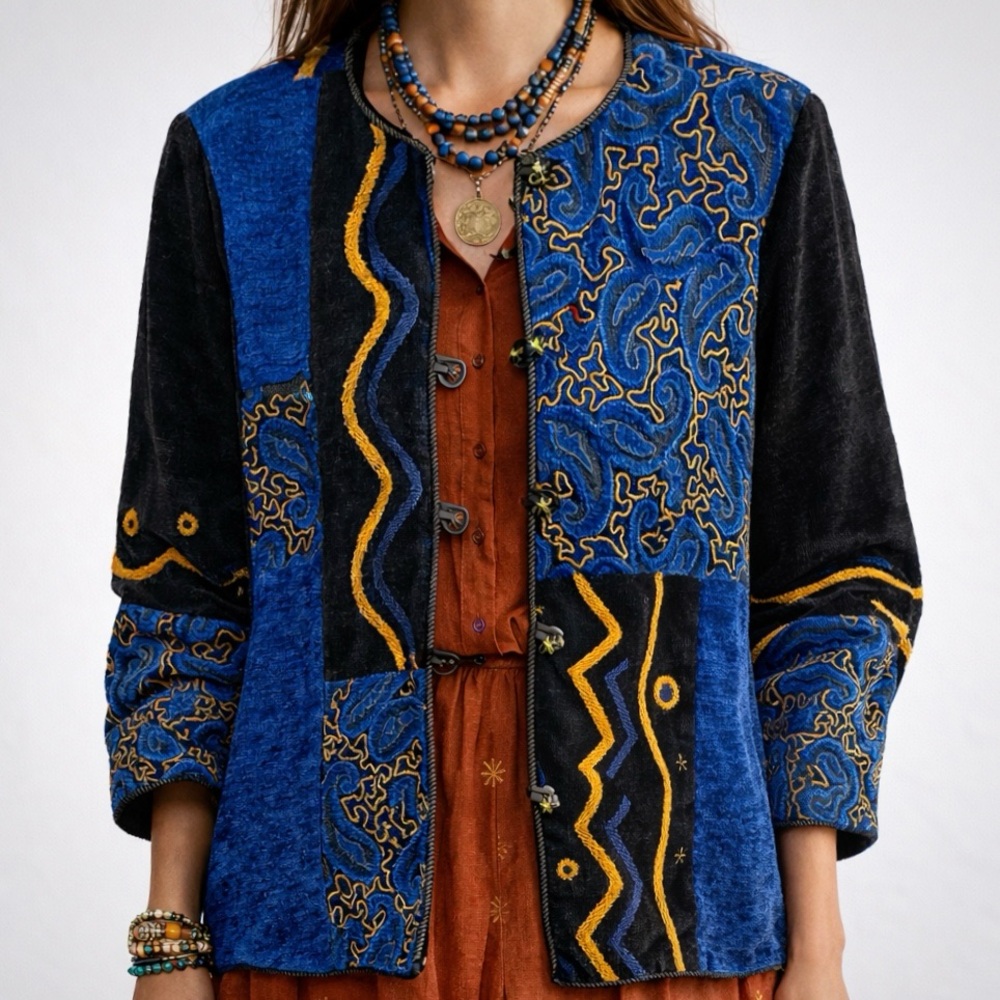 Boho Chic Blue Tapestry Indiepop Artistic Indigo Moon Statement Jacket [size L]